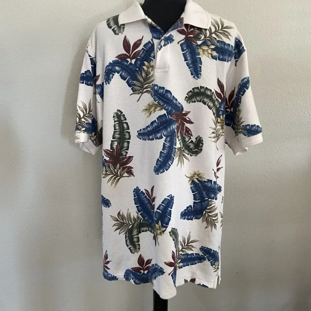 Chaps Ralph Lauren Tropical Print Short Sleeve Ribbed Polo‎ Size Large Cotton